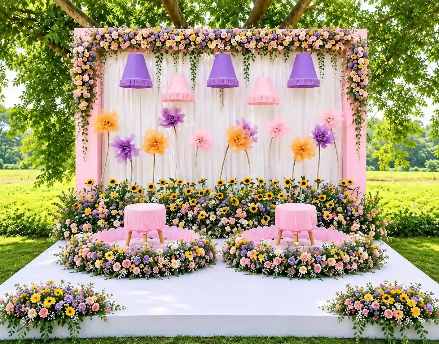 balloon decoration Dreamy Pink & Purple Haldi Floral Setup 